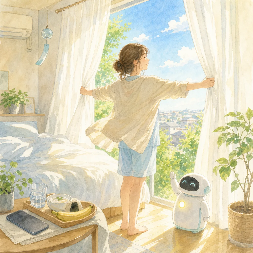夏の朝、カーテンを開けて自然光を浴びる社会的時差ぼけ対策