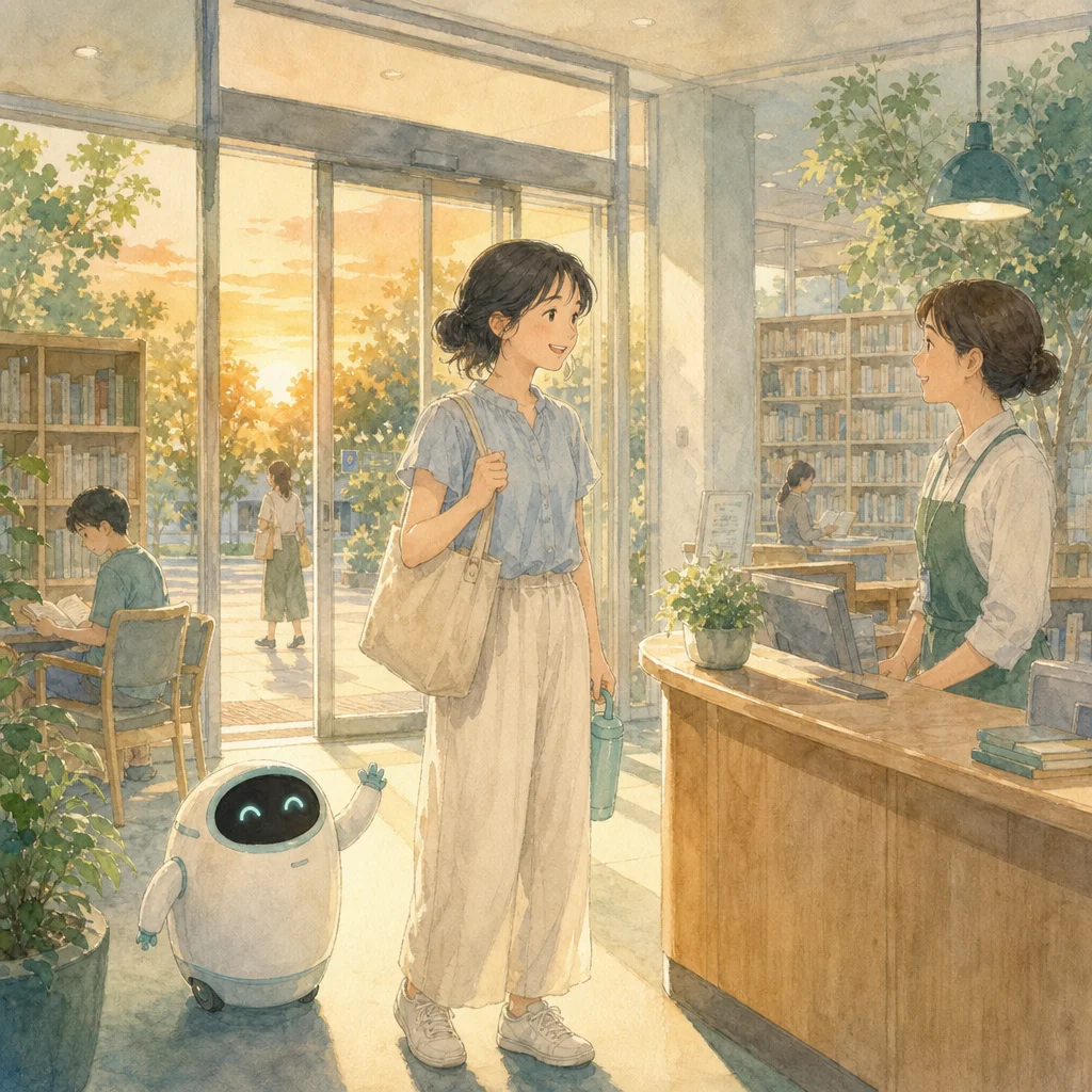 猛暑の日に冷房の効いた図書館で人とつながる女性