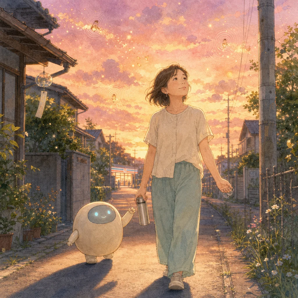 お盆の夕方に音楽を聴きながら散歩する女性