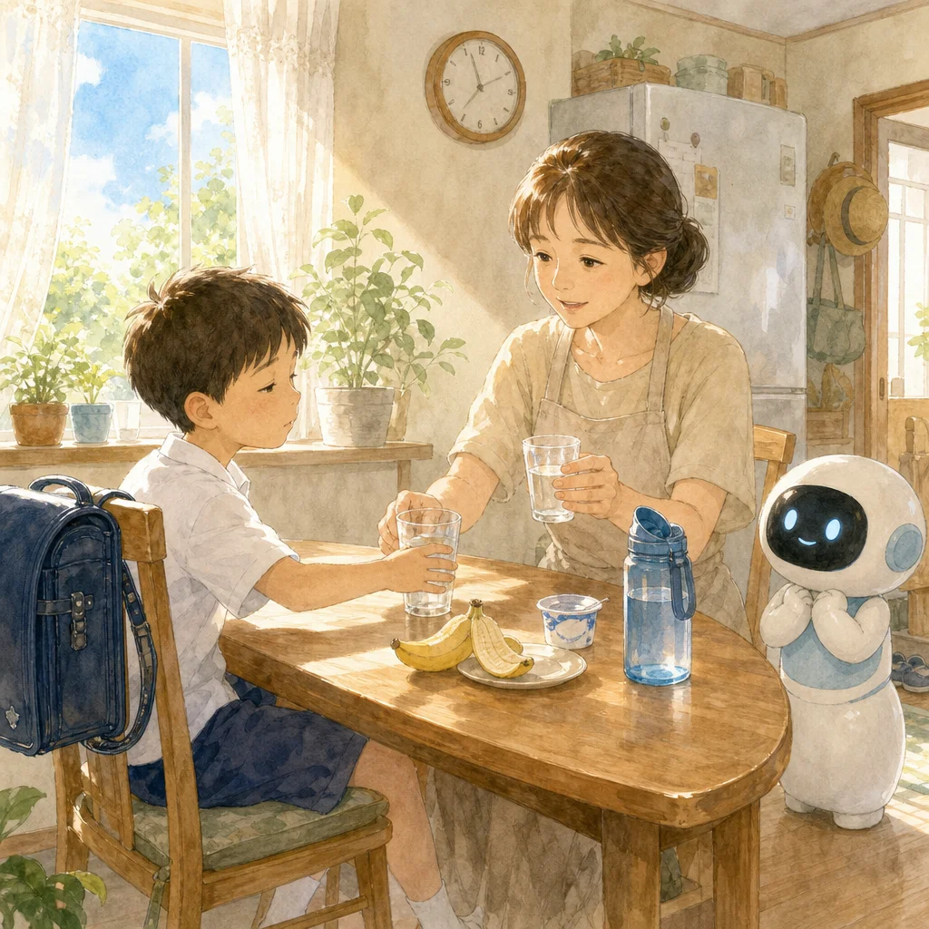 夏休み明けの登校前に朝食と水筒を準備する親子