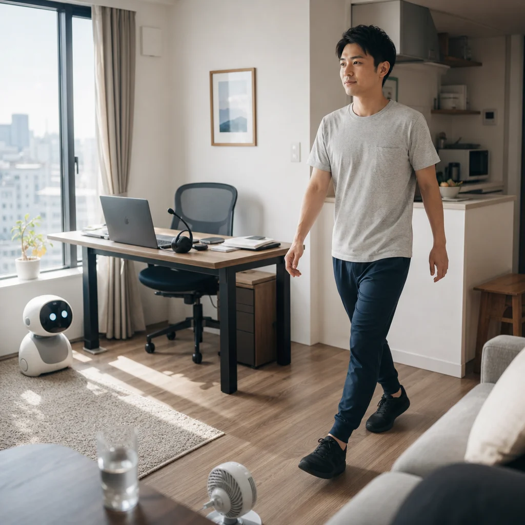 在宅勤務の男性がリビングで室内ウォーキングをする様子