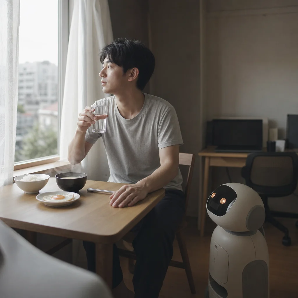 残暑の朝に窓際で光を浴びながら朝食をとる在宅勤務の男性
