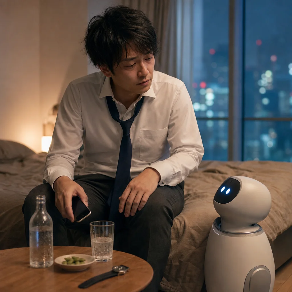 秋の飲み会後に睡眠と飲酒の時間を見直す会社員