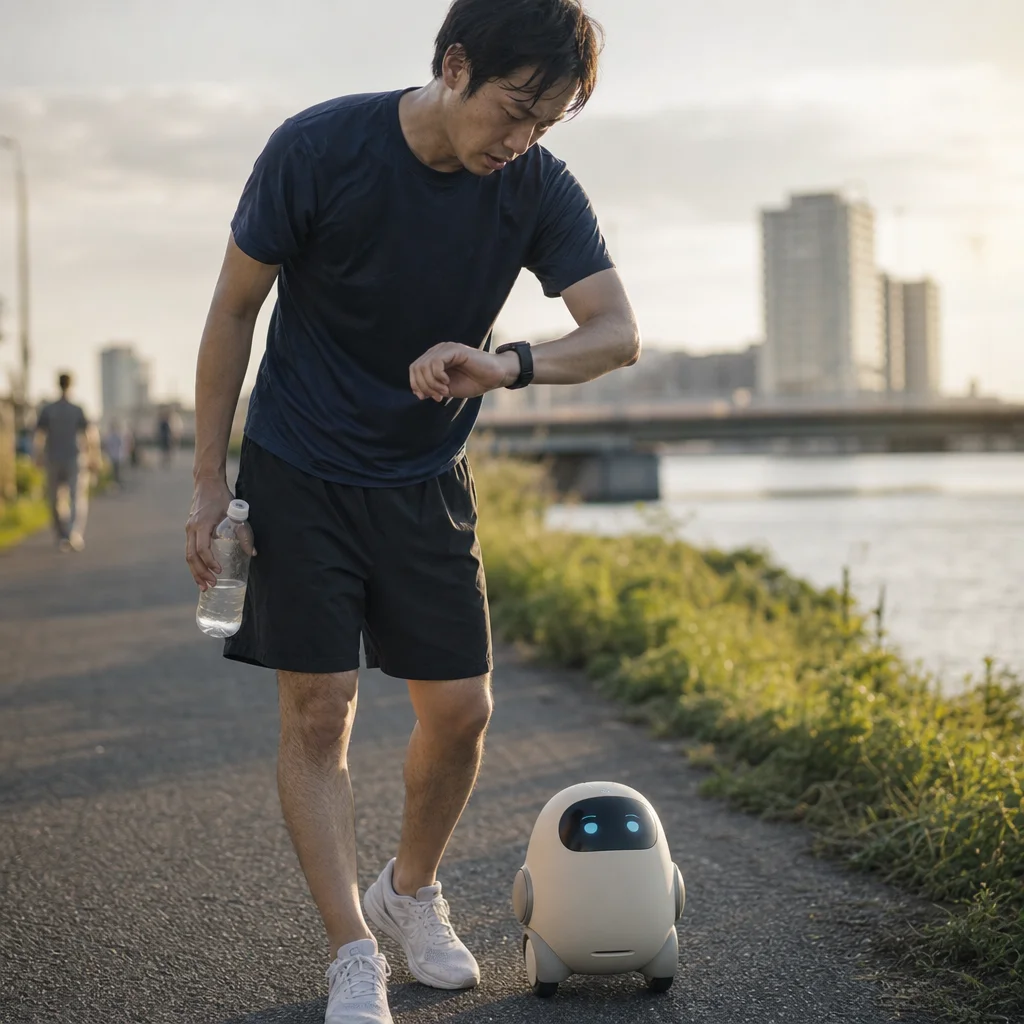 残暑の夕方に心拍ゾーンを確認しながらウォーキングする会社員