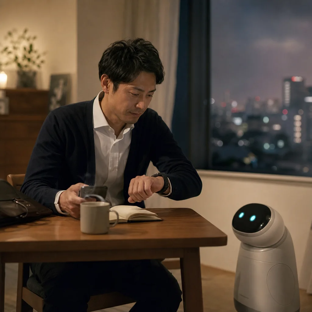 秋の気圧変化と頭痛をウェアラブルで記録する外回り営業職の男性