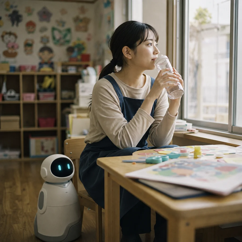 行事準備の合間に水分補給をして休憩する保育士