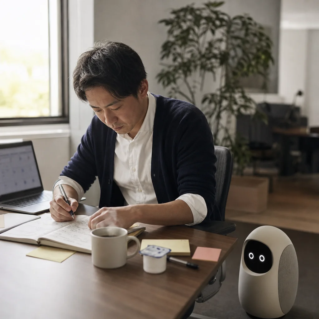 秋の繁忙期にデスクで予定と業務量を確認する営業職男性
