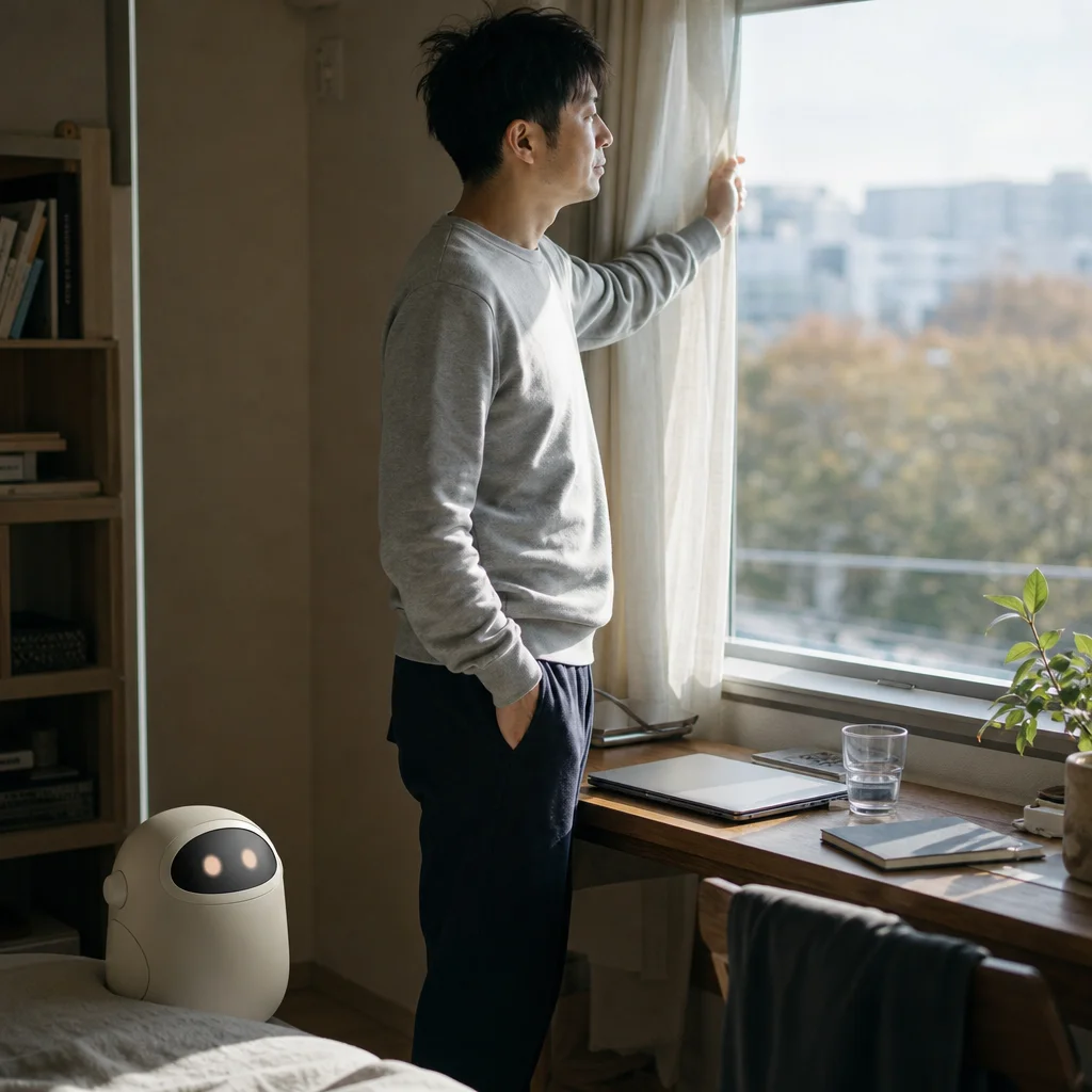 秋の朝日を窓際で浴びる在宅勤務の会社員