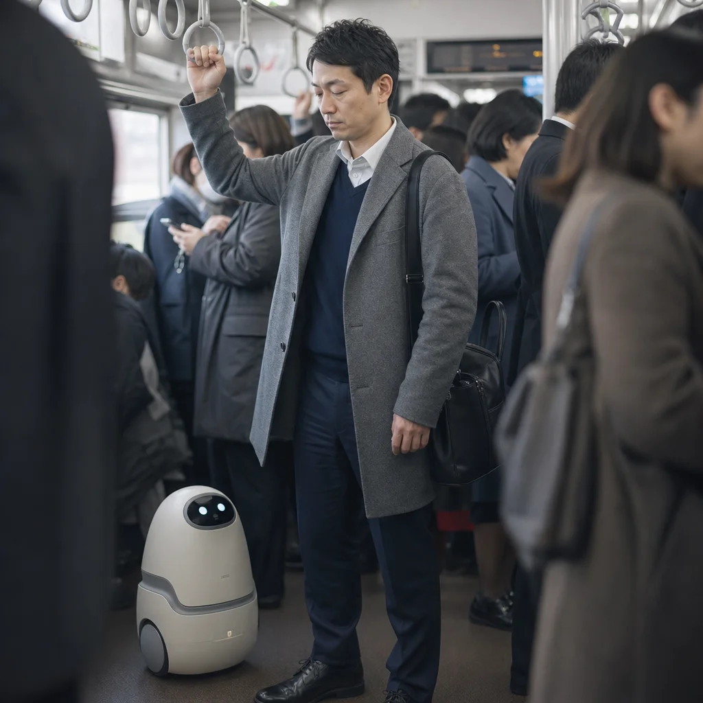 満員電車でつり革を持ちながら呼吸リセットをする通勤会社員