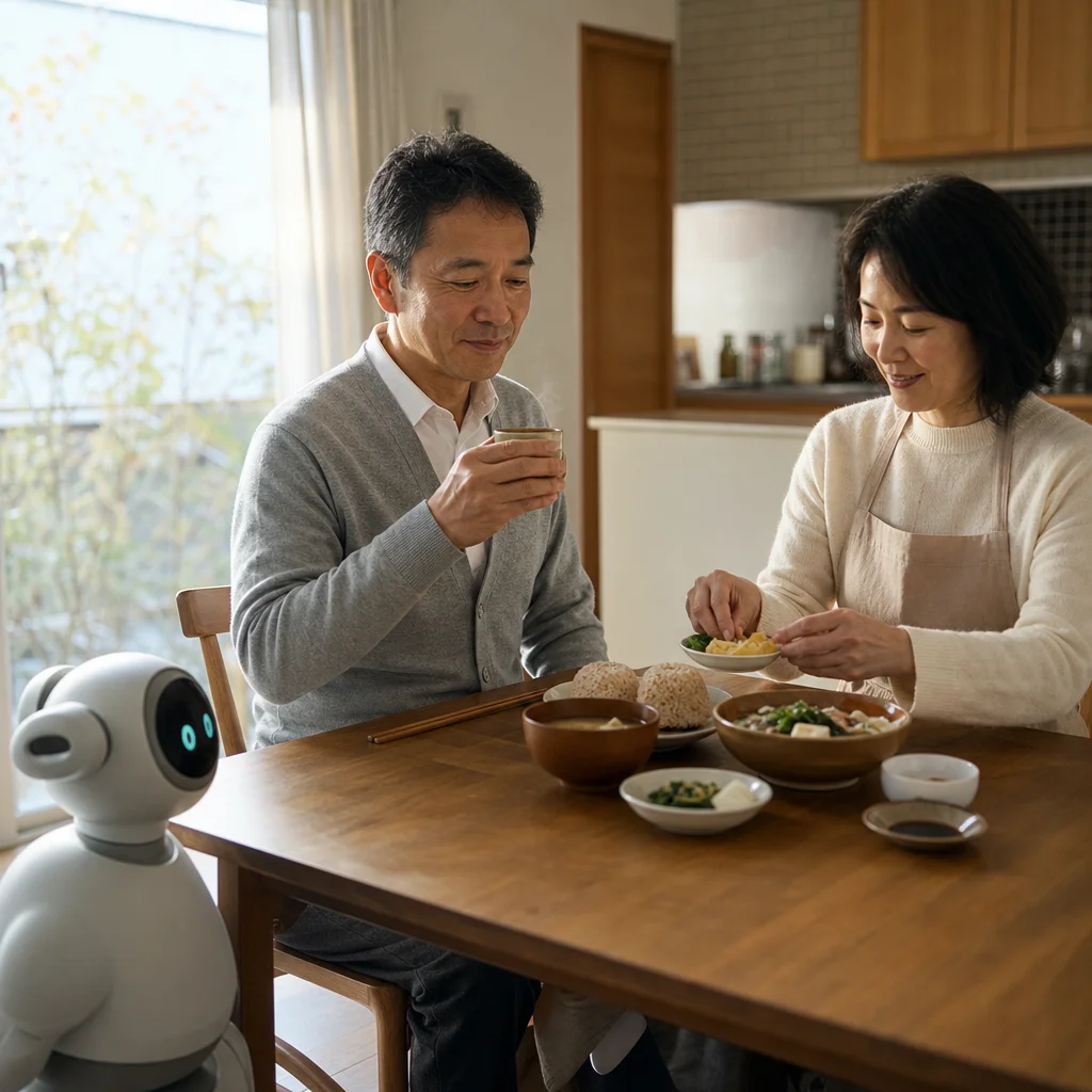 寒い朝に減塩朝食を用意する夫婦の食卓